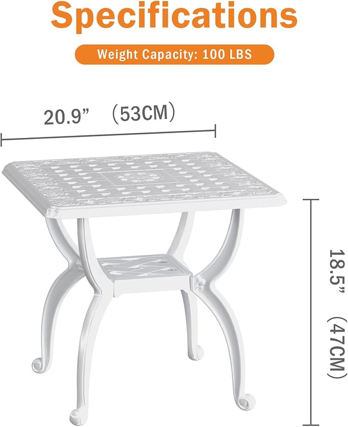 Square Outdoor Coffee Table Set of 2, Cast Aluminum Side Table with Storage,Indoor End Table, All-Weather Bistro Table for Patio Garden Lawn, White