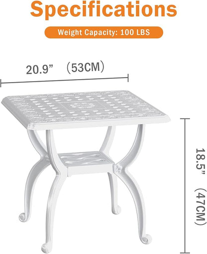 Square Outdoor Coffee Table Set of 2, Cast Aluminum Side Table with Storage,Indoor End Table, All-Weather Bistro Table for Patio Garden Lawn, White