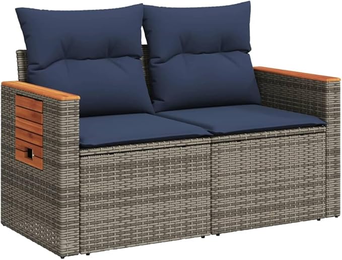 2-Seater Patio Sofa with Foldable Side Table, Outdoor Loveseat Garden Bench with Acacia Wood Accents, Gray PE Rattan Furniture with Navy Blue Cushions