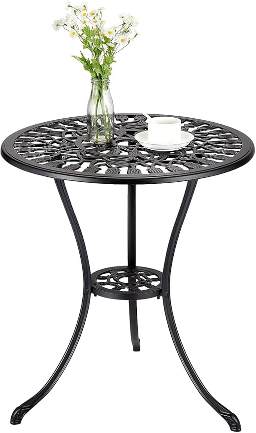 23.5 Inch Small Round Patio Bistro Table, Weatherproof Outdoor Coffee Table with Umbrella Hole & Vintage Floral Pattern - Photo 1