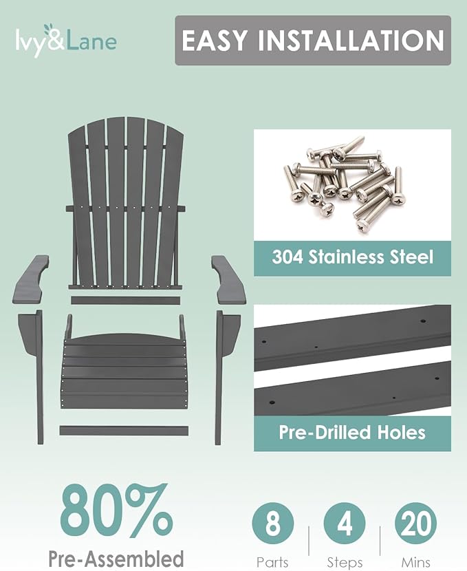 IVY&LANE Adirondack Chairs Set of 4 | HDPE Plastic | Outdoor Fire Pit Chairs | Oversized | All-Weather | Grey | for Outside Deck Backyard Patio Poolside Porch Lawn