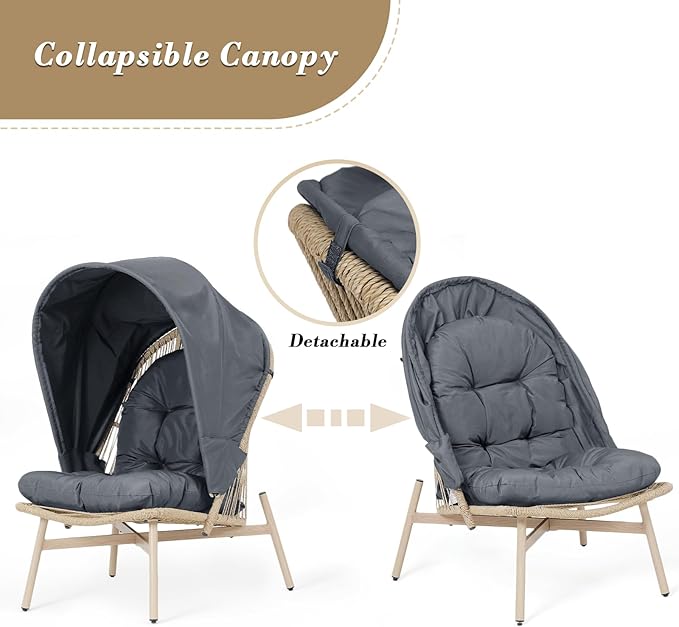 Athena Collection Patio Wicker Egg Chair with Folding Canopy, All-Weather Rattan Patio Lounge Chair with Sun Shade, Balcony Furniture Outside Seating for Front Porch, Garden, Poolside, Outdoor, Grey
