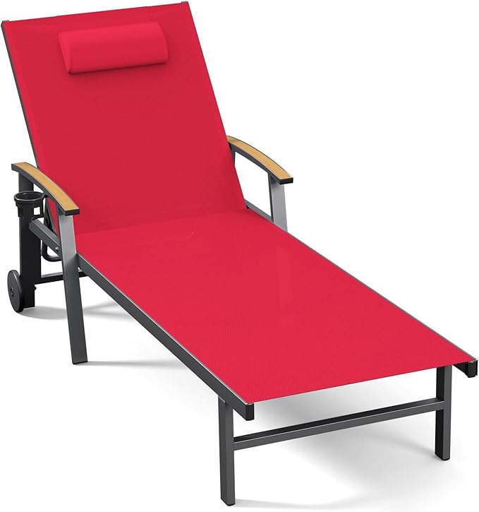 Ciokea Outdoor Lounge Chair with Pillow, 5-Position Aluminum Chaise Lounge with Wheels & Armrests - Photo 1