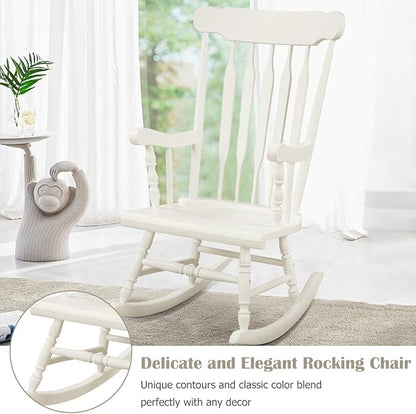 Giantex Outdoor Wood Rocking Chair Set of 2 - Patio Rocking Chair with Rubber Wood Frame, Slat Back, Outside & Indoor Rocker for Garden, Poolside, Balcony, Backyard, Lawn, Front Porch Rocker, White