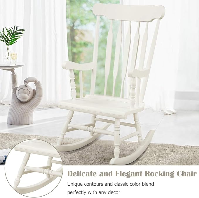 Giantex Outdoor Wood Rocking Chair - Patio Rocking Chair with Solid Rubber Wood Frame, Slat Back, Outside & Indoor Rocker for Garden, Poolside, Balcony, Backyard, Lawn, Front Porch Rocker, White