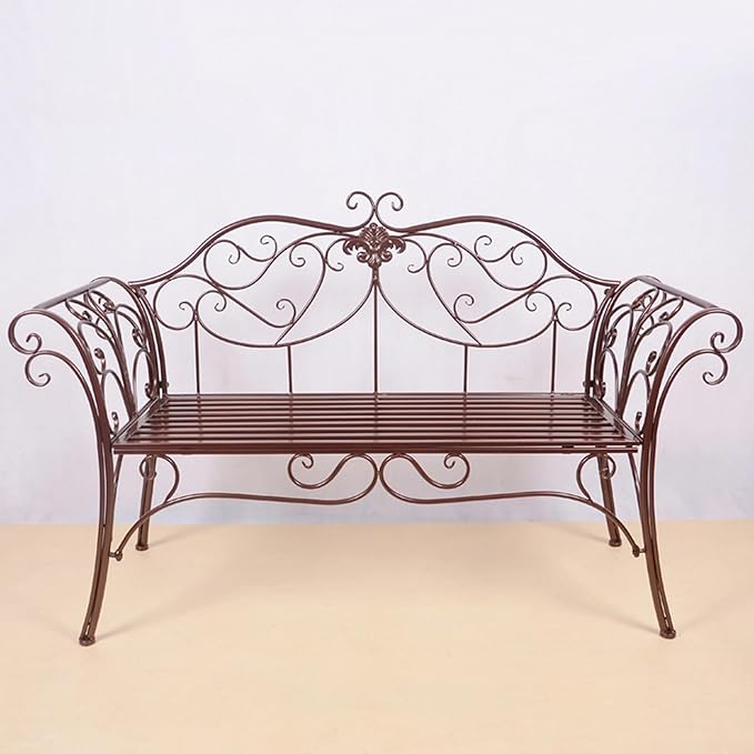 Garden Benches for Outdoors, Metal Garden Benches with Floral Design Backrest, Easy Assembly, for Porch, Yard, Lawn, Balcony(Brown)