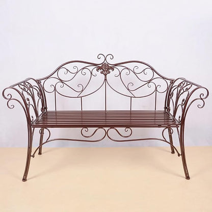 Garden Benches for Outdoors, Metal Garden Benches with Floral Design Backrest, Easy Assembly, for Porch, Yard, Lawn, Balcony(Brown)