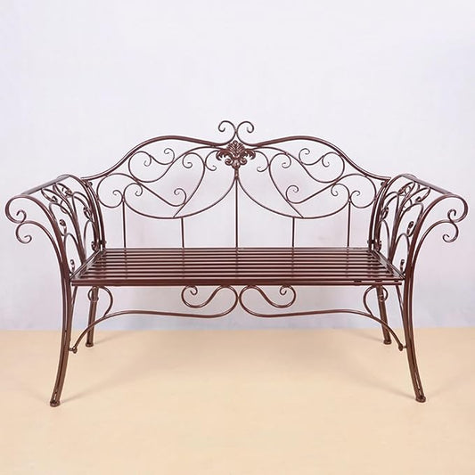 Garden Benches for Outdoors, Metal Garden Benches with Floral Design Backrest, Easy Assembly, for Porch, Yard, Lawn, Balcony(Brown)