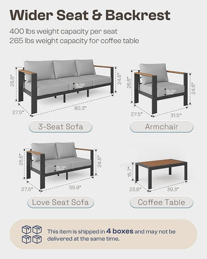 Aluminum Outdoor Patio Coffee Table, All-Weather Patio Coffee Tables for Outside with PS Wood-Like Table Top, Modern Rectangle Coffee Table for Porch, Balcony, Deck, Yard, Black