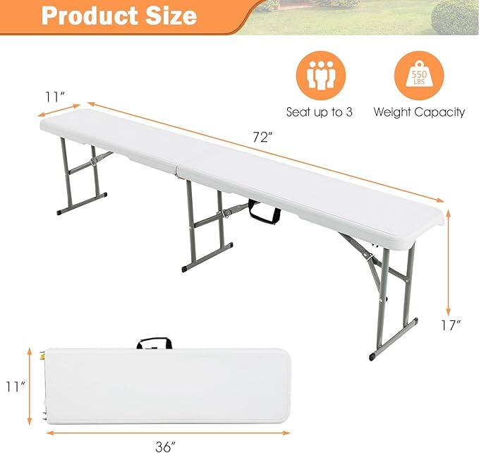 S AFSTAR Plastic Folding Bench, Lightweight & Portable Outdoor Camping Picnic Bench with Handle and Lock, 550 LBS Load, 4-Person 6 Feet Folding Benches for Outside Indoor, No Assembly Required, White