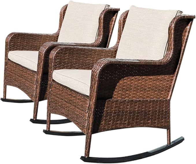 SUNSITT Outdoor Resin Wicker Rocking Chairs with Olefin Cushions, Set of 2, Patio Yard Furniture Club Rocker Chairs, Brown Wicker & Beige Cushions