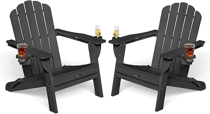Adirondack Chairs Set of 2, HDPE Material Fire Pit Chairs, Plastic Adirondack Chairs with 2 Cup Holder - Photo 1