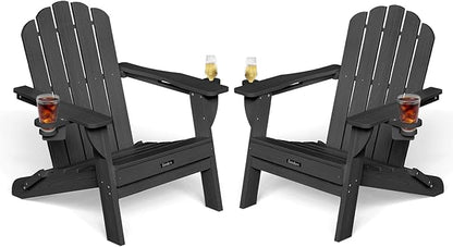Adirondack Chairs Set of 2, HDPE Material Fire Pit Chairs, Plastic Adirondack Chairs with 2 Cup Holder, Outdoor Lawn Chair for Patio Garden, Black