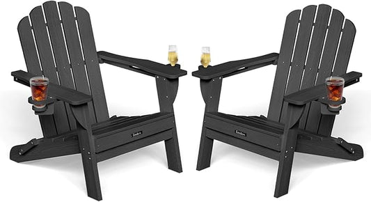 Adirondack Chairs Set of 2, HDPE Material Fire Pit Chairs, Plastic Adirondack Chairs with 2 Cup Holder, Outdoor Lawn Chair for Patio Garden, Black