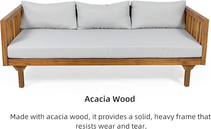 Merax Outdoor 3 Seater Daybed, Acacia Wood Day Bed Couch Sofa with Cushions for Patio Backyard, Garden, Light Grey