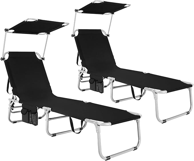 Goplus Tanning Chair, Foldable Beach Lounge Chair with 360°Canopy Sun Shade, Side Pocket, 5-Position Adjustable Outdoor Chaise Lounge Chair for Patio Pool Yard Lawn (2, Black)