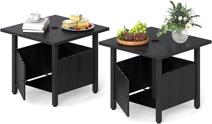 Tangkula Outdoor Table with Hole, Patio Umbrella Table with 2 Sand Bags, 1.89" Umbrella Hole, Metal Frame, Outdoor Side Table for Garden, Deck and Poolside (Set of 2)
