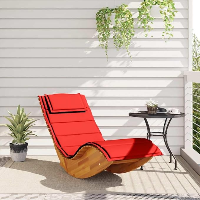 Rocking Sun Lounger with Thick Red Cushion 60.6"x23.6"x29.1" Solid Acacia Wood Outdoor Chaise Lounge - Photo 3
