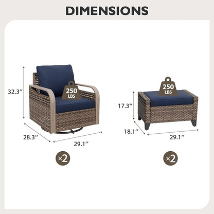 EAGLE PEAK Modern Wicker Outdoor Glider Rocking Chair, Swivel Rocker, Rattan Patio Furniture for Yard Deck Porch Garden, 2 Chairs 2 Ottomans, 4 Piece, Brown/Blue