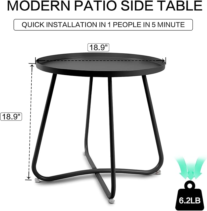 Babion Black Outdoor Side Tables, Small Outdoor Table, Round Patio Side Table Steel - Photo 3