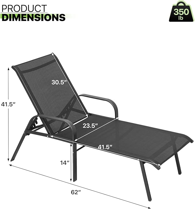 Magshion Outdoor Chaise Lounge Chair Set of 2, Patio Pool Lounger Chairs with 5 Position Adjustable Backrest, Tanning Recliner for Sunbathing, Beach, Deck, Lawn, Yard, Balcony, Poolside, Black