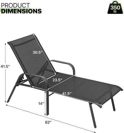 Magshion Outdoor Chaise Lounge Chair Set of 2, Patio Pool Lounger Chairs with 5 Position Adjustable Backrest, Tanning Recliner for Sunbathing, Beach, Deck, Lawn, Yard, Balcony, Poolside, Black