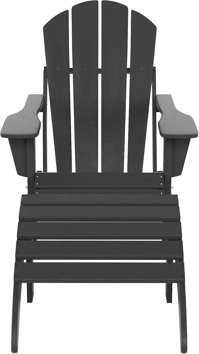 WestinTrends Malibu Outdoor Lounge Chair, 2-Pieces Adirondack Chair Set with Ottoman, All Weather Poly Lumber Patio Lawn Folding Chairs for Outside Pool Garden Backyard Beach, Gray