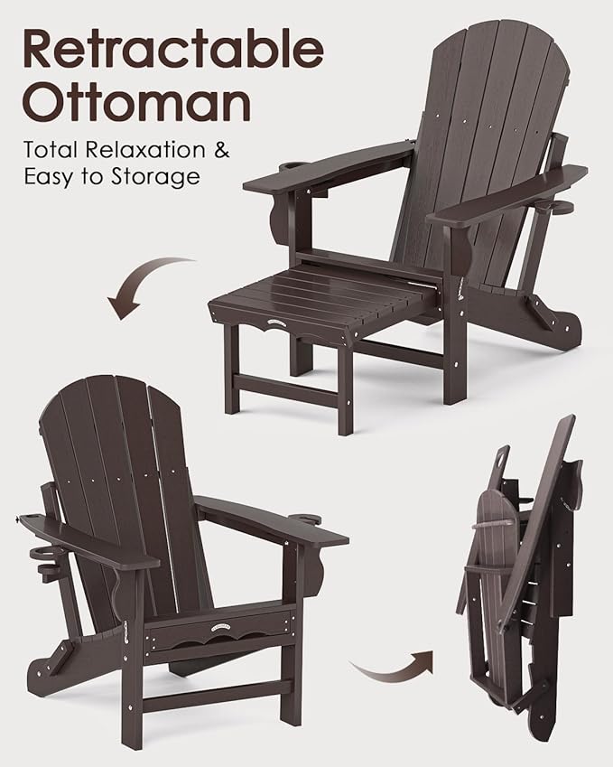 Folding Adirondack Chair with Ottoman, Recyclable HDPE Adirondack Patio Chair with 2 Cup Holder, Outdoor Fire Pit Chairs with Pull Out Footrest, Weather Resistant for Garden, Deck, Poolside, Brown