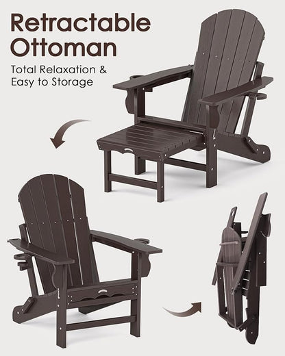 Folding Adirondack Chair with Ottoman, Recyclable HDPE Adirondack Patio Chair with 2 Cup Holder, Outdoor Fire Pit Chairs with Pull Out Footrest, Weather Resistant for Garden, Deck, Poolside, Brown