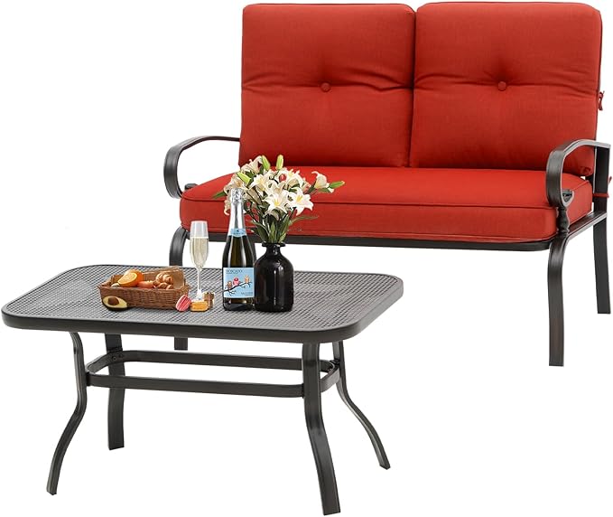 Oakcloud Outdoor 2 Pcs Patio Loveseat Bench Metal Frame Furniture Set with Thick Cushions and Coffee Table, Wrought Iron Look (Red)