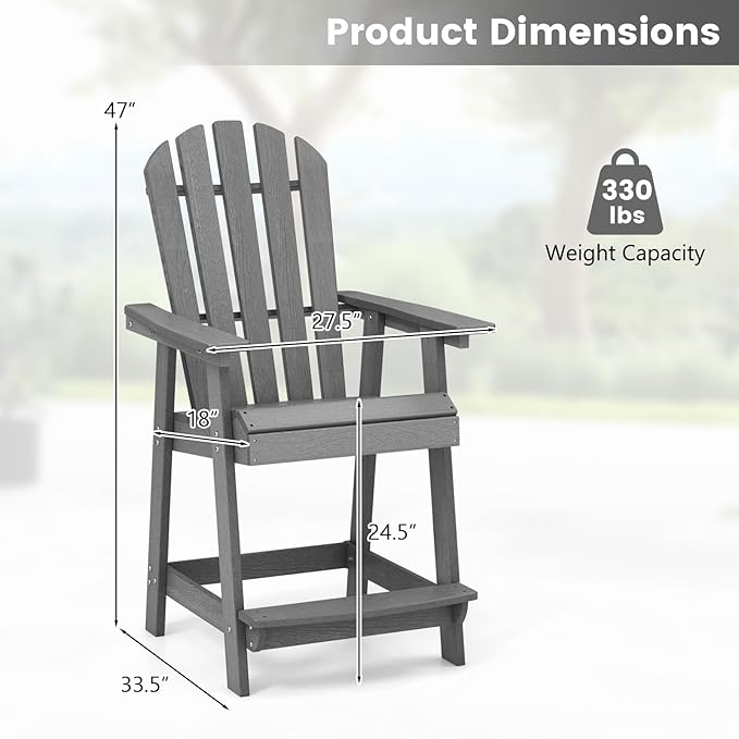 Giantex Tall Adirondack Chair Set of 4, HDPE Outdoor Bar Stools with Armrests, 4.5” Wide Footrest, Patio Adirondack Barstools, All-Weather Balcony Chairs for Poolside, Garden, Backyard (Grey)