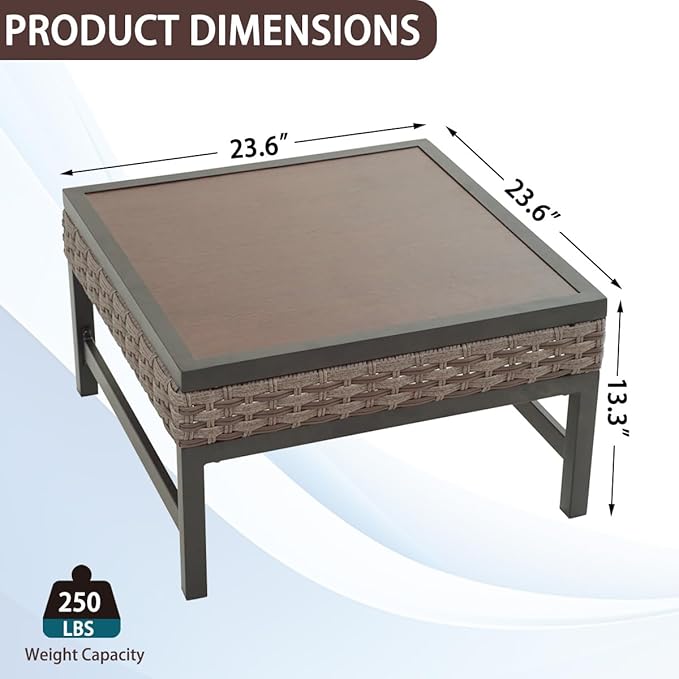 Outdoor Coffee Table 23.6''×23.6'' Patio Metal Table with Wood Grain Top Outside Table Slatted Tabletop for Lawn, Garden, Deck, Backyard, Porch