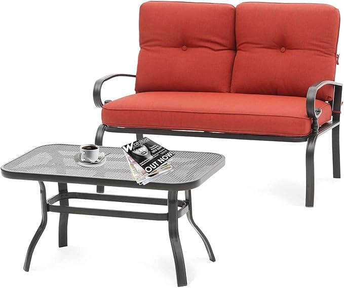 Outdoor 2 Pcs Patio Loveseat Bench Set with Bistro Coffee Table and Patio Steel Frame Sofa with Cushion, Wrought Iron Look, Lawn Front Porch Garden (Red)