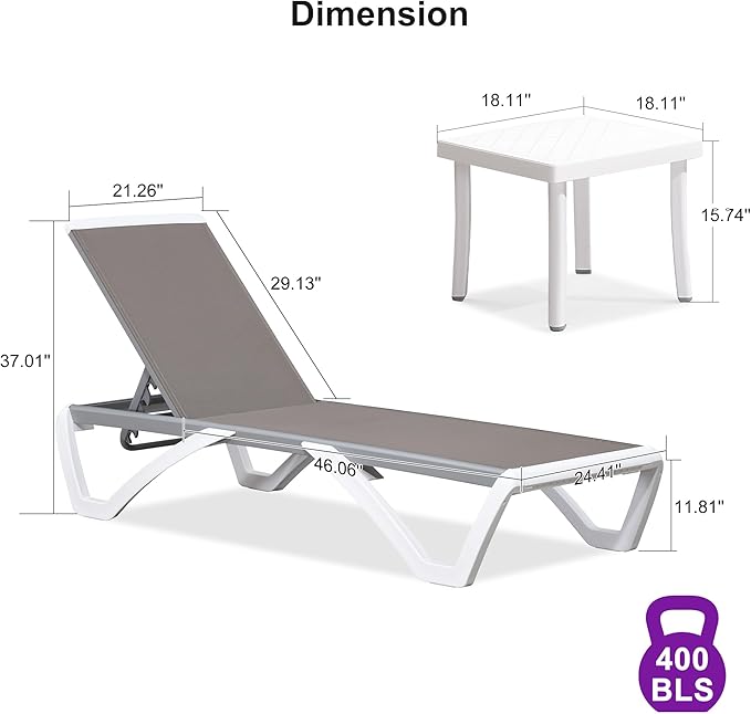 PURPLE LEAF Patio Chaise Lounge Chair Set of 3 Outside Aluminum Plastic Stackable Tanning Chairs for Pool Sunbathing Beach Deck Outdoor Lounger, Taupe