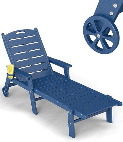 FOOWIN Chaise Lounge Chair，HDPE Lounge Chair Outdoor with 5 Positions,Oversized Pool Lounge Chairs with Rolling Wheels & Cup Holder for Poolside Deck Backyard,Blue