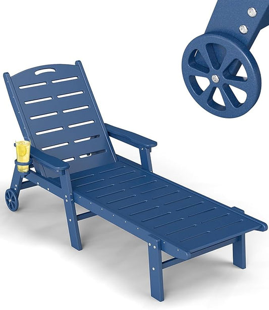 FOOWIN Chaise Lounge Chair，HDPE Lounge Chair Outdoor with 5 Positions,Oversized Pool Lounge Chairs with Rolling Wheels & Cup Holder for Poolside Deck Backyard,Blue