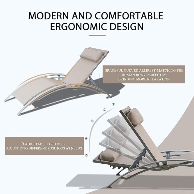 Domi Pool Lounge Chairs Set of 2, Adjustable Aluminum Outdoor Chaise Lounge Chairs, All Weather for Deck Lawn Poolside Backyard -Beige Textilene
