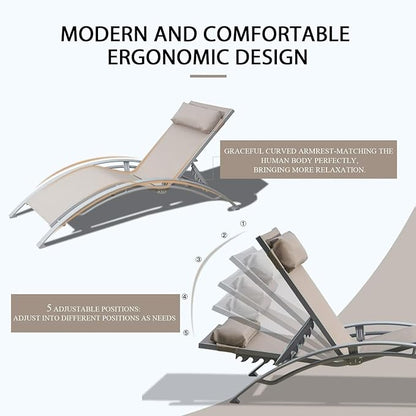 Domi Pool Lounge Chairs Set of 2, Adjustable Aluminum Outdoor Chaise Lounge Chairs, All Weather for Deck Lawn Poolside Backyard -Beige Textilene