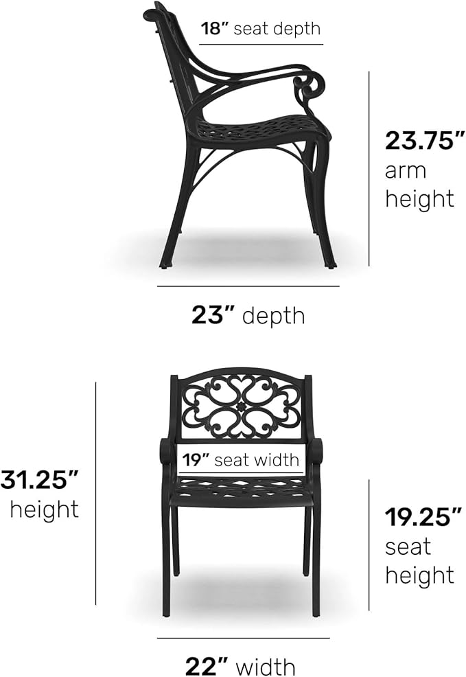 Homestyles Sanibel Black Stationary Cast Aluminum Outdoor Dining Chair, 2 Piece Patio Chairs, Set of 2 Garden Chairs with Armrest & Backrest for Garden Patio Pool Beach Yard, Black