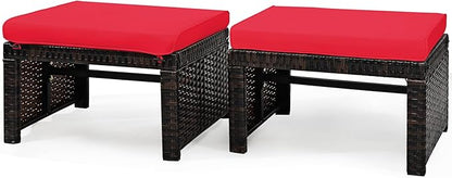 Tangkula 2 Pieces Patio Rattan Ottomans, All Weather Outdoor Footstool Footrest Seat with Soft Cushion, Hidden Zipper, High-Density Sponge, Wicker Ottoman Seat for Patio, Garden, Poolside (Red)