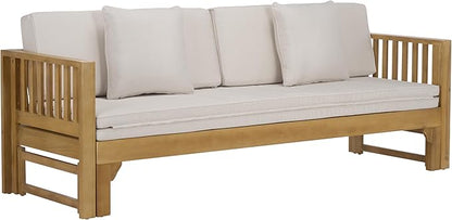 SAFAVIEH Outdoor Patio Furniture Collection - Napoli Oak Brown & Cream Solid Wood Bench Convertible Daybed with Cushions, Versatile Patio Seating (PAT6805B)