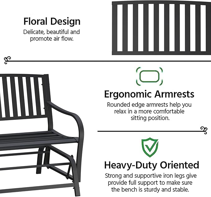 50" Outdoor Porch Glider Bench Patio Gliders, Full Metal Stabilized Steel Frame Finished with Rust Resistant Coating 2 Person Porch Glider, Suitable for Front Yard Garden, Balcony, Poolside