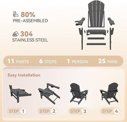 Mdeam 3-Position Adjustable Adirondack Chairs Set of 4, 400LBS Capacity, Cup Holder, Wooden Textured, All-Weather HDPE Folding Fire Pit Outdoor Chairs for Poolside Deck Patio Garden Yard Lawn - Grey
