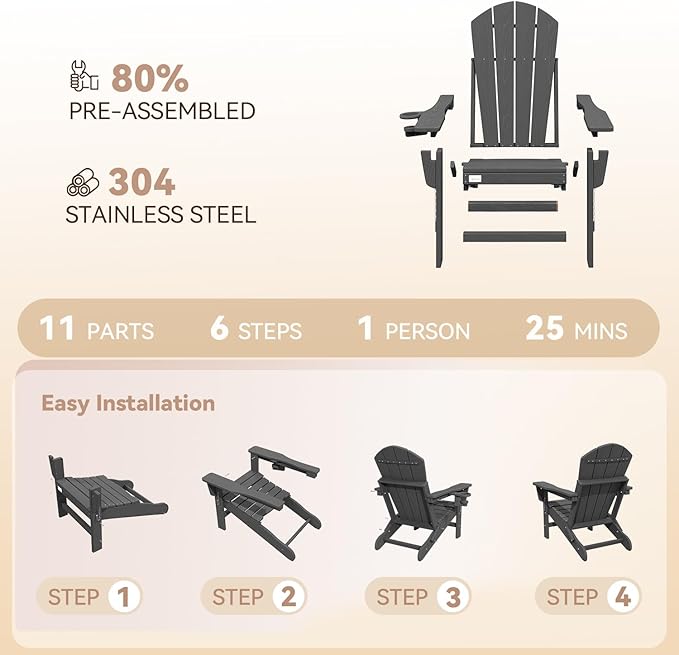 Mdeam 3-Level Adjustable Adirondack Chair, Wooden Textured, HDPE All-Weather Folding Fire Pit Chair with Cup Holder, Outdoor Chair for Poolside Deck Patio Garden Backyard Lawn Campfire - Grey