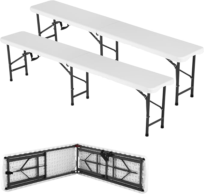 6 Feet Folding Bench Seat Plastic Portable with Metal Legs, Outdoor Rustic Practical Bench w/Handle & Lock, 3-4 People Sturdy Seat for Indoor/Outdoor Party Garden Camping Dining Picnic Use 2 Pack