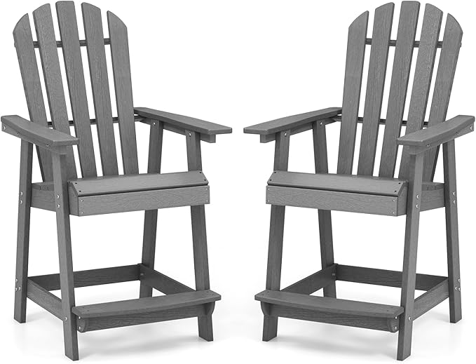 Tangkula Outdoor Bar Stool, HDPE Tall Adirondack Chair with Armrest & Footrest, Weather Resistant 47 Inch Counter Height Barstool Lifeguard Chair for Pool Deck Patio Garden, Balcony Chairs (2, Gray)