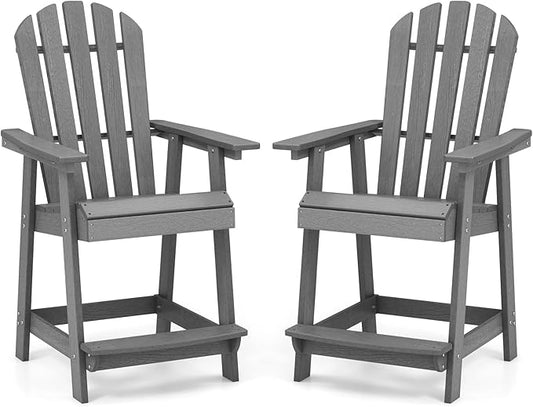Tangkula Outdoor Bar Stool, HDPE Tall Adirondack Chair with Armrest & Footrest, Weather Resistant 47 Inch Counter Height Barstool Lifeguard Chair for Pool Deck Patio Garden, Balcony Chairs (2, Gray)