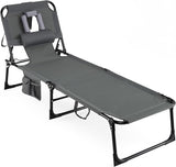 COSTWAY Folding Beach Lounge Chair, Tanning Chair with Face Hole, 5-Position Adjustable Backrest, Pillow & Side Pocket - Photo 1