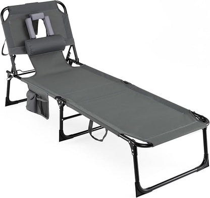 COSTWAY Folding Beach Lounge Chair, Tanning Chair with Face Hole, 5-Position Adjustable Backrest, Pillow & Side Pocket, Foldable Chaise Lounge Chair Outdoor for Sunbathing, Camping (1, Grey)
