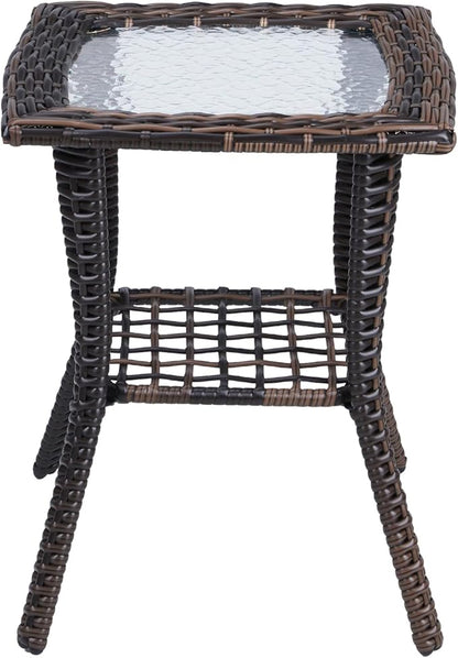 Henf Wicker Rattan Side Table Outdoor Square End Table Coffee Table with Glass Top, Patio Wicker Garden Side Table Small End Table with Storage for Patio Courtyard Balcony